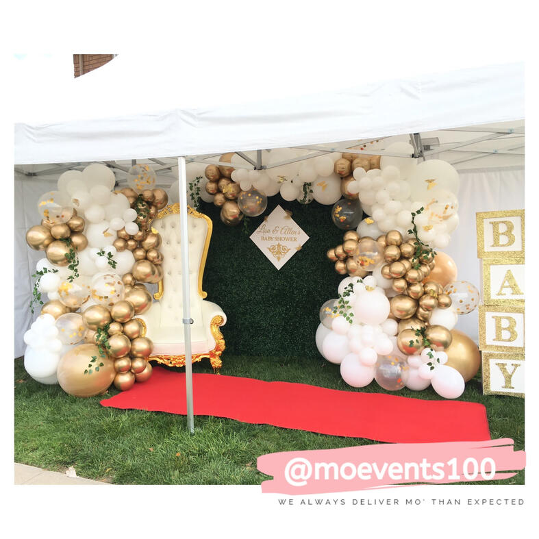 baby shower decor; white and gold balloon garland